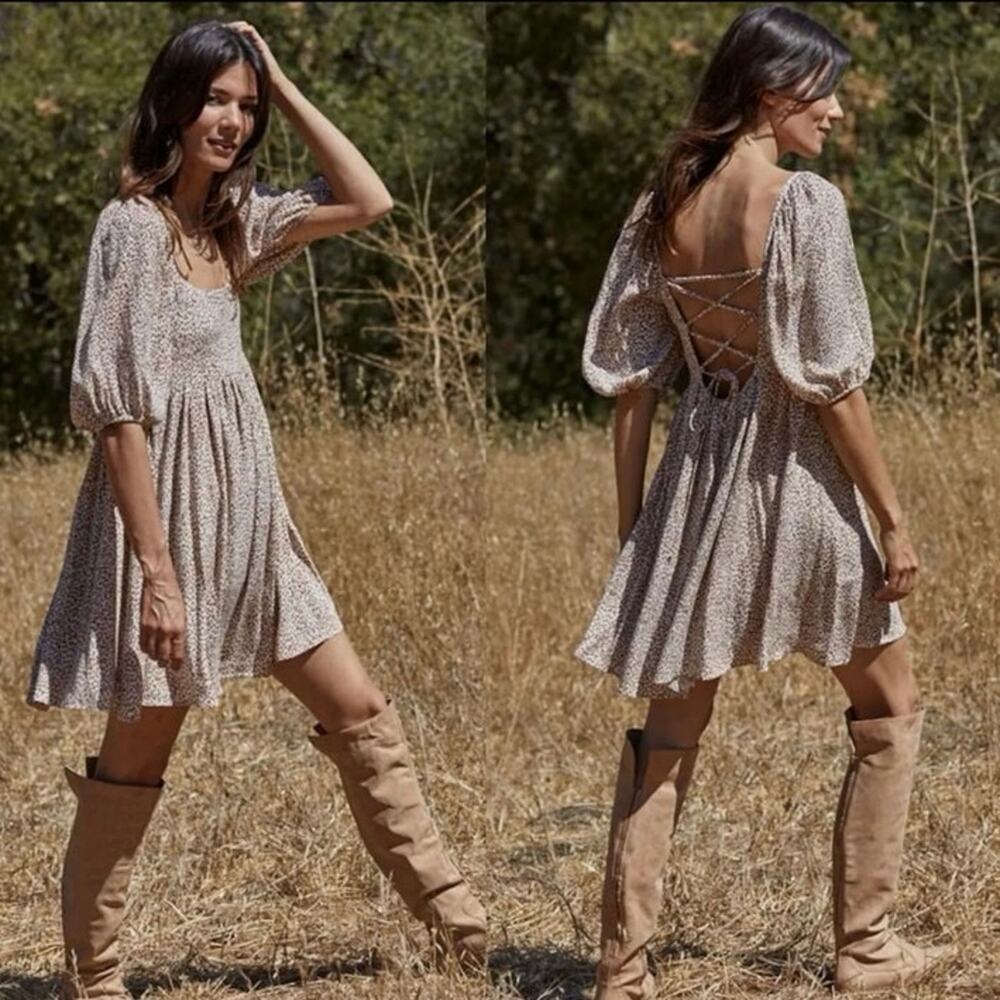 By Together Brown Animal Print Puff Sleeve Bonnie Babydoll Dress Medium Mini USA